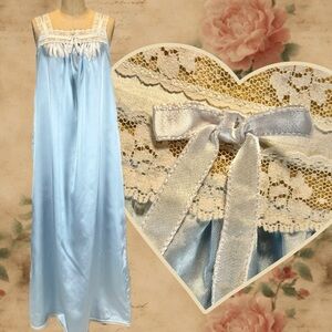 VINTAGE Night Flowers silky satin nightgown slip dress long maxi lace blue 60s